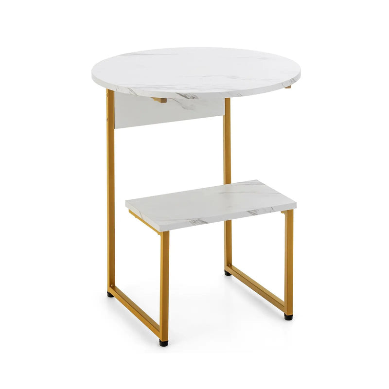 2-Tier Round End Beside Table with Metal Frame-White by DirectDeals