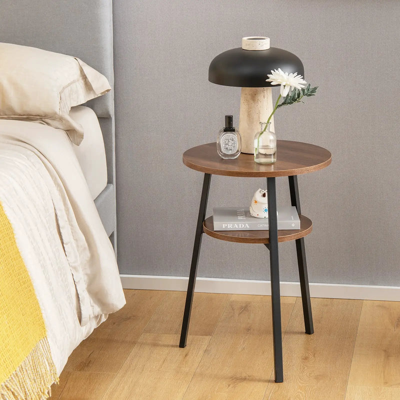 2-Tier Round End Table Set of 2 with Open Shelf and Triangular Metal Frame-Walnut by DirectDeals