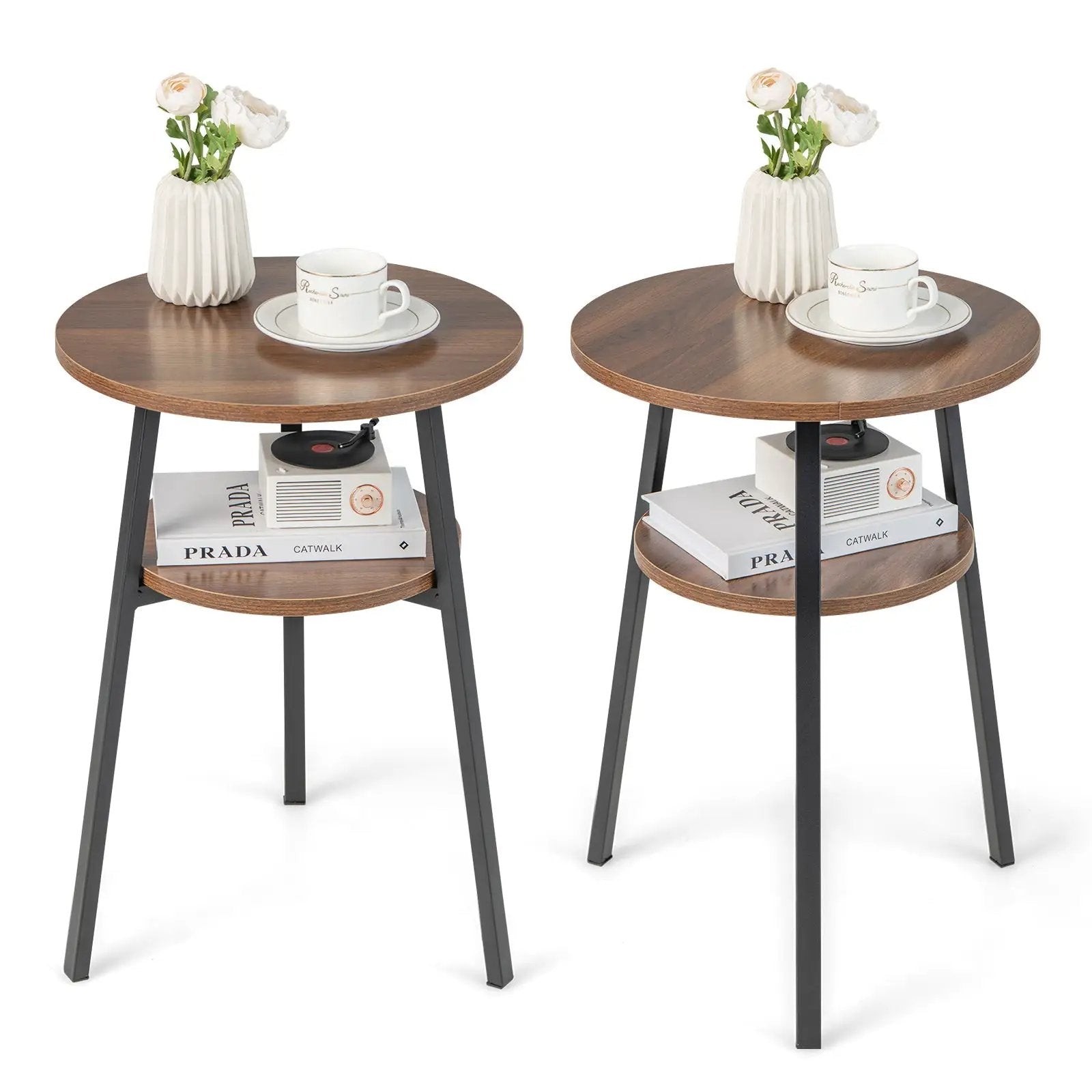 2-Tier Round End Table Set of 2 with Open Shelf and Triangular Metal Frame-Walnut by DirectDeals