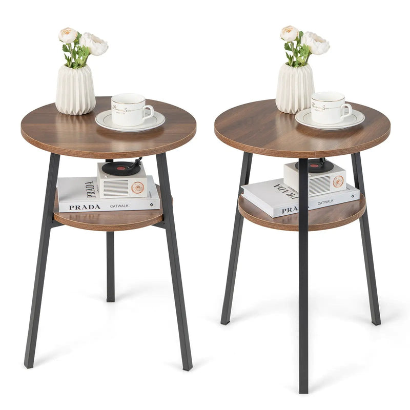 2-Tier Round End Table Set of 2 with Open Shelf and Triangular Metal Frame-Walnut by DirectDeals