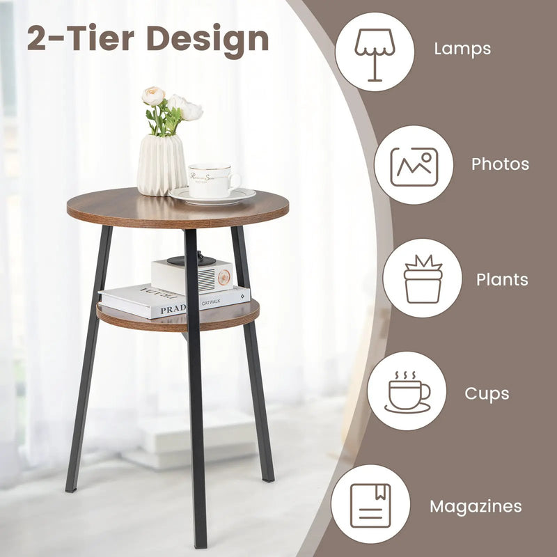 2-Tier Round End Table Set of 2 with Open Shelf and Triangular Metal Frame-Walnut by DirectDeals