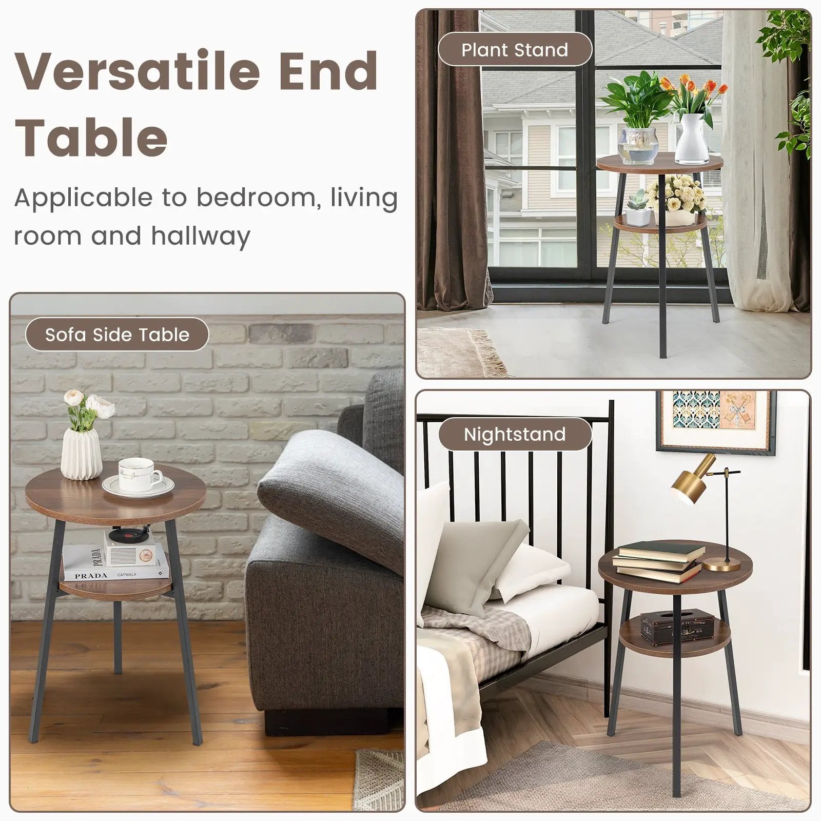 2-Tier Round End Table Set of 2 with Open Shelf and Triangular Metal Frame-Walnut by DirectDeals