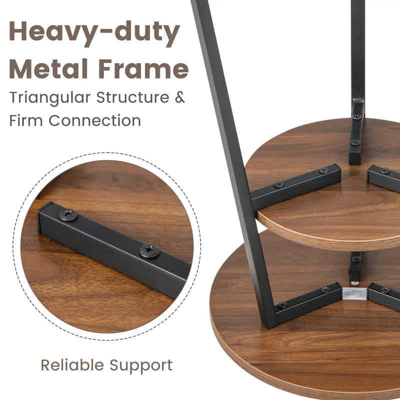 2-Tier Round End Table Set of 2 with Open Shelf and Triangular Metal Frame-Walnut by DirectDeals
