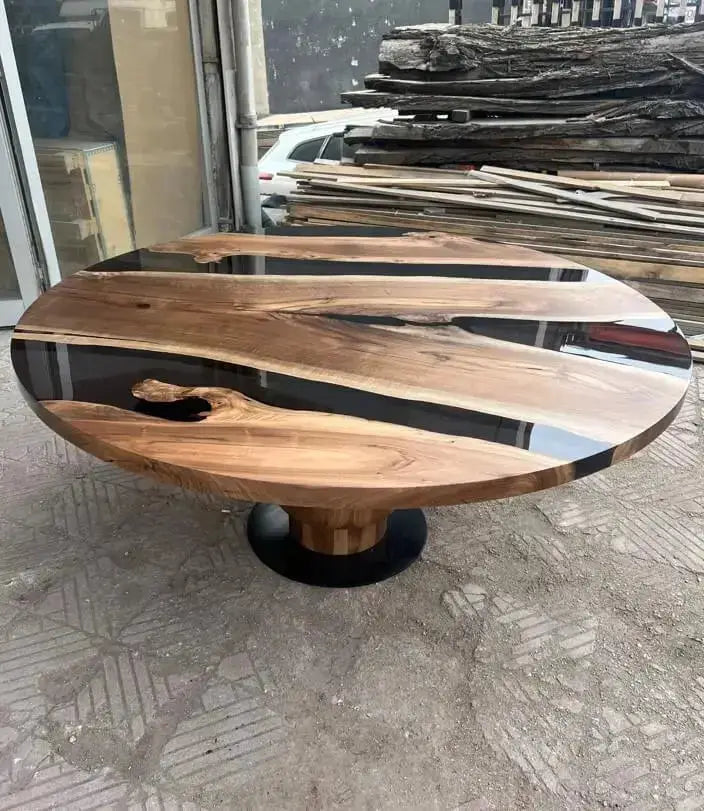 Round Epoxy Resin Table with Wooden Tulip Base Made of Walnut, photo 6 of 10