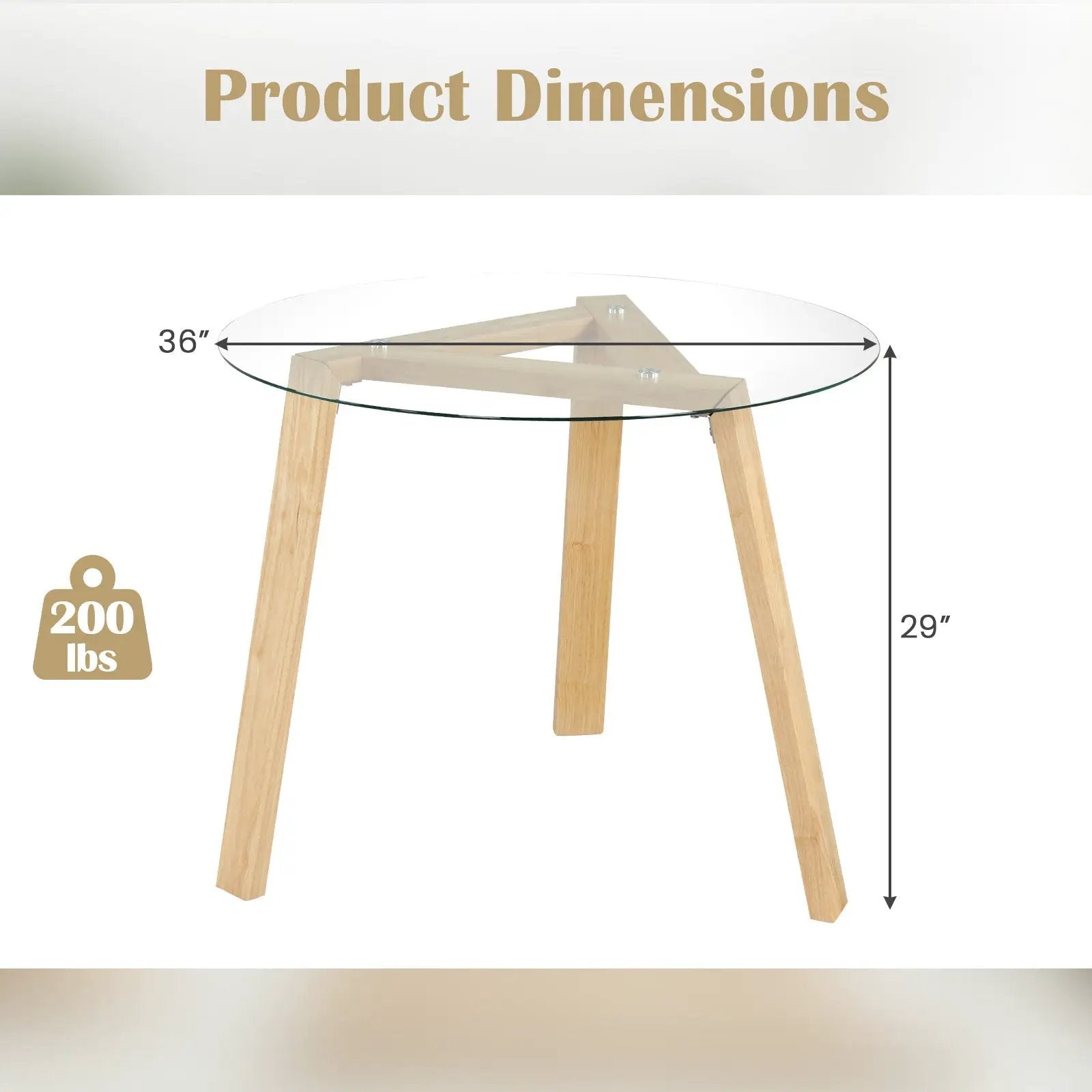 36 Inches Round Glass Dining Table for 4 with Rubber Wood Frame by DirectDeals