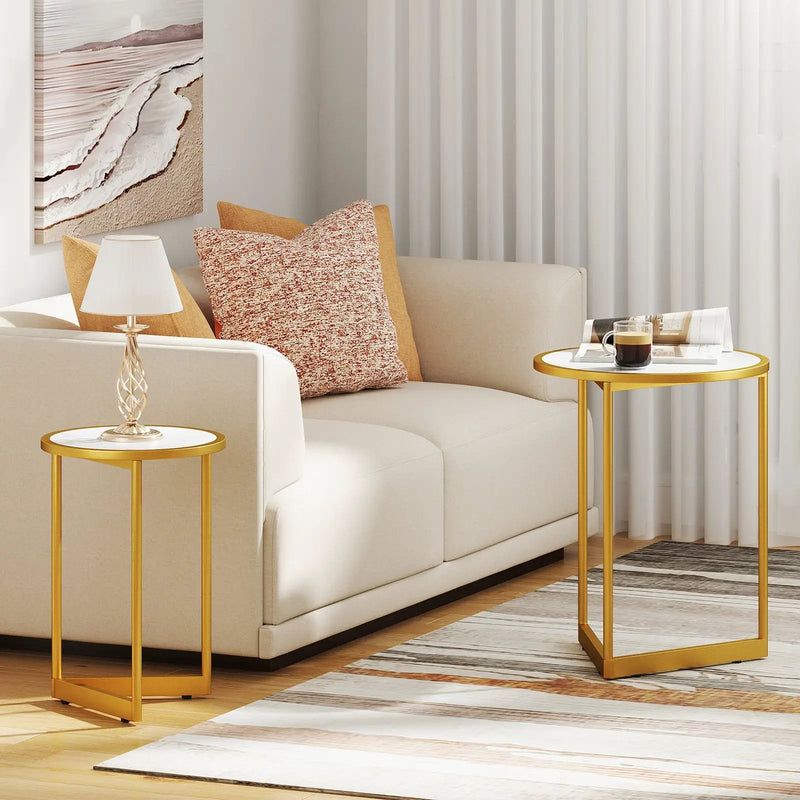 Round Nesting Table Set of 2 with Marble-like Tabletop-White by DirectDeals