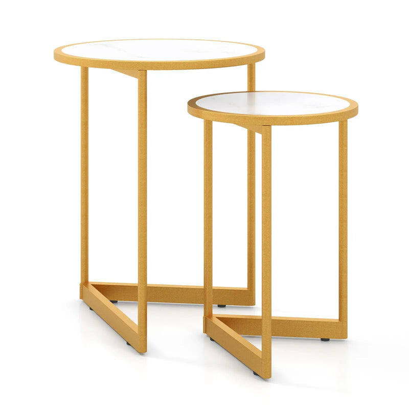 Round Nesting Table Set of 2 with Marble-like Tabletop-White by DirectDeals
