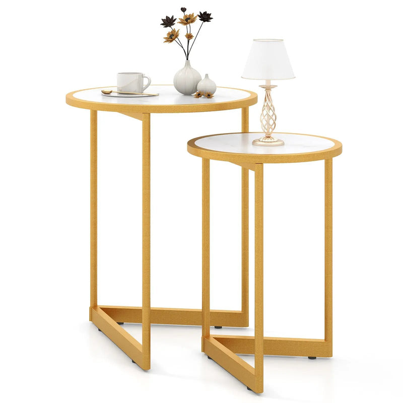 Round Nesting Table Set of 2 with Marble-like Tabletop-White by DirectDeals