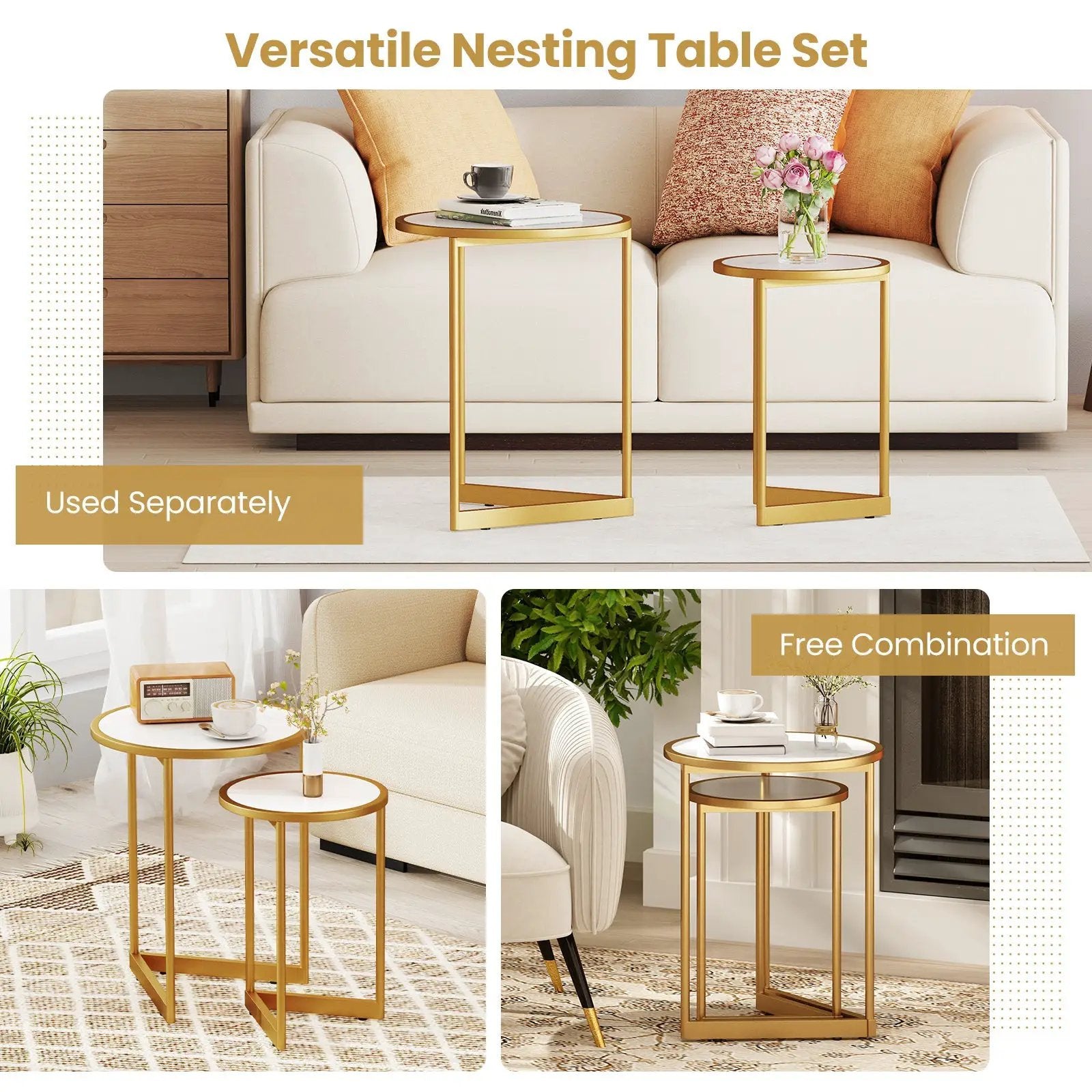 Round Nesting Table Set of 2 with Marble-like Tabletop-White by DirectDeals