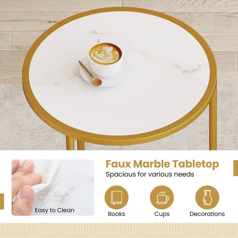 Round Nesting Table Set of 2 with Marble-like Tabletop-White by DirectDeals