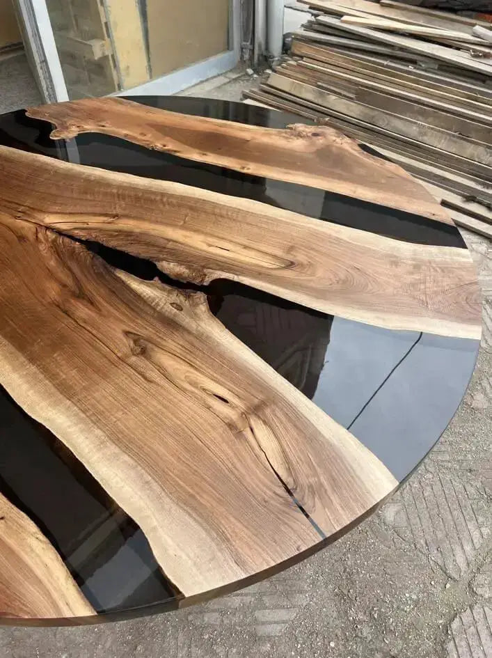 Round Epoxy Resin Table with Wooden Tulip Base Made of Walnut, photo 7 of 10