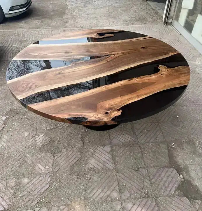 Round Epoxy Resin Table with Wooden Tulip Base Made of Walnut, photo 8 of 10