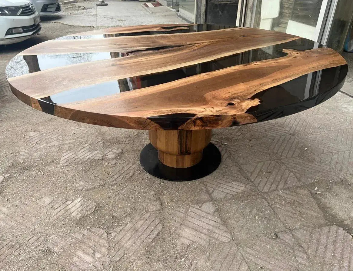 Round Epoxy Resin Table with Wooden Tulip Base Made of Walnut, photo 10 of 10