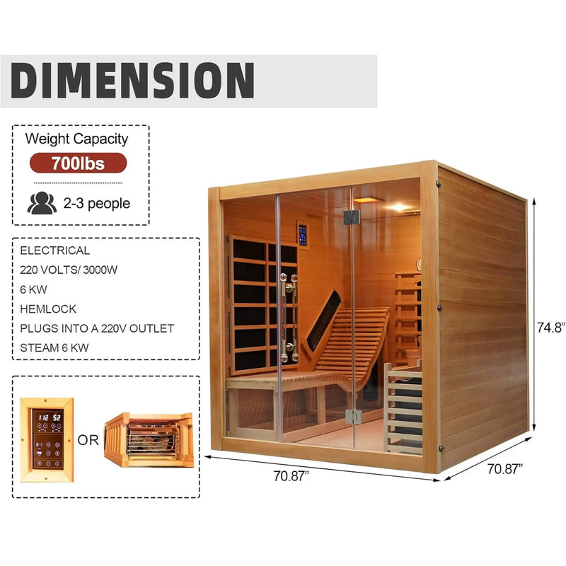 Rövia Oasis 3-Person Indoor Hybrid Sauna Room With Built-In Lounge Chair [Made-To-Order] (SAK35182) by SAKSBY WHOLESALE