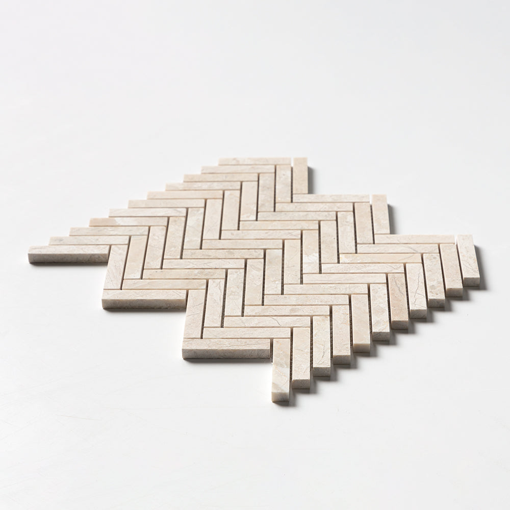 Royal Beige Honed Herringbone 5/8x3 Marble Mosaics 10 7/16x12 13/16 Marble Honed 12x12 Mosaics — 2