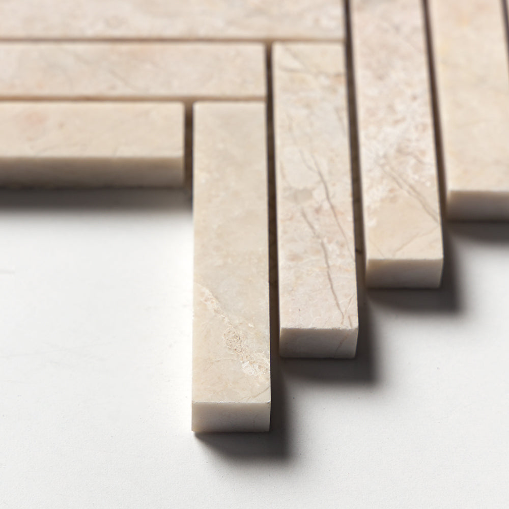 Royal Beige Honed Herringbone 5/8x3 Marble Mosaics 10 7/16x12 13/16 Marble Honed 12x12 Mosaics — 4