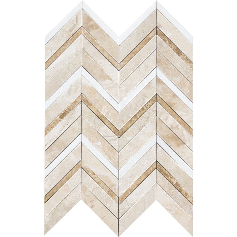 Royal Beige Multi Finish Chevron Fusion Waterjet Marble Mosaics 16x11 7/8 Marble Multi Finish 12x18 Mosaics