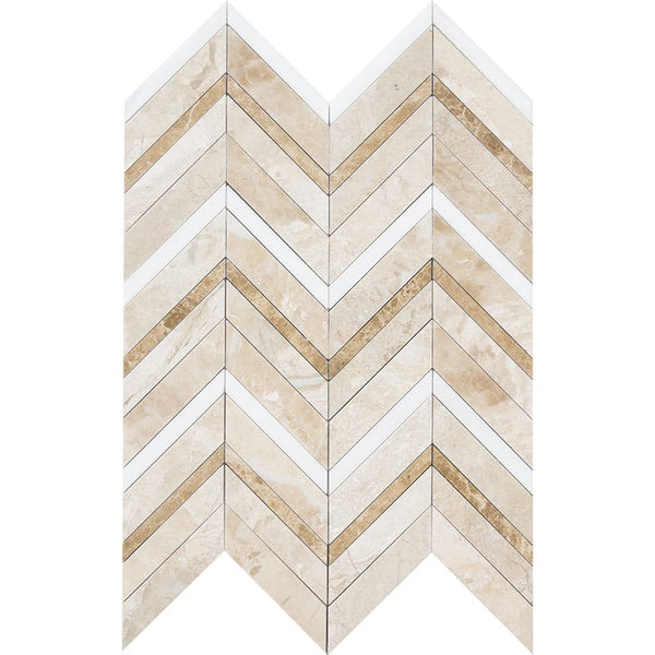 Royal Beige Multi Finish Chevron Fusion Waterjet Marble Mosaics 16x11 7/8