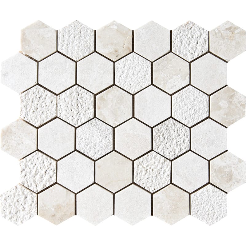 Royal Beige Textured Hexagon 2 Marble Mosaics 10 3/8x12 Marble Textured 12x12 Mosaics