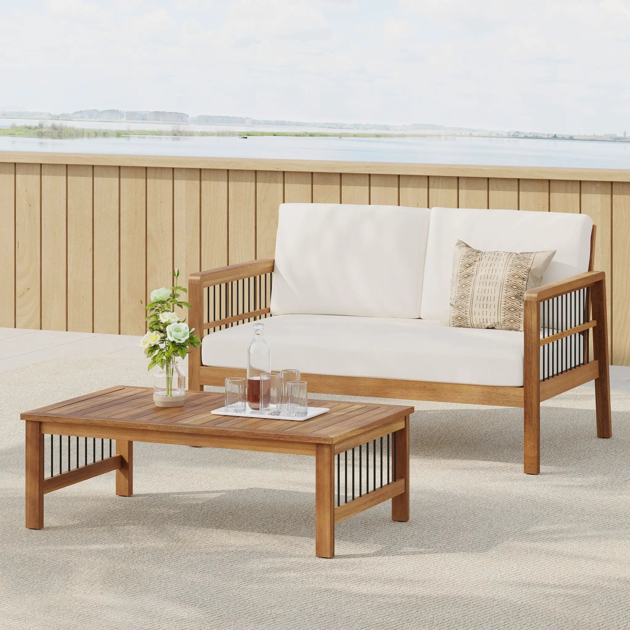 Outdoor Acacia Wood and Iron Loveseat and Coffee Table Set with Cushions, Teak by HouseOfZazla