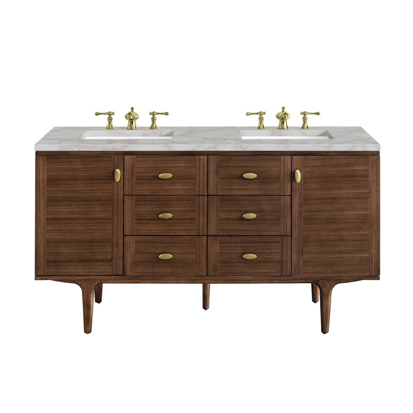 James Martin Amberly 60" Dual Mount Double Bathroom Vanity, Mid-Century Walnut with Victorian Silver (FreePower) countertop