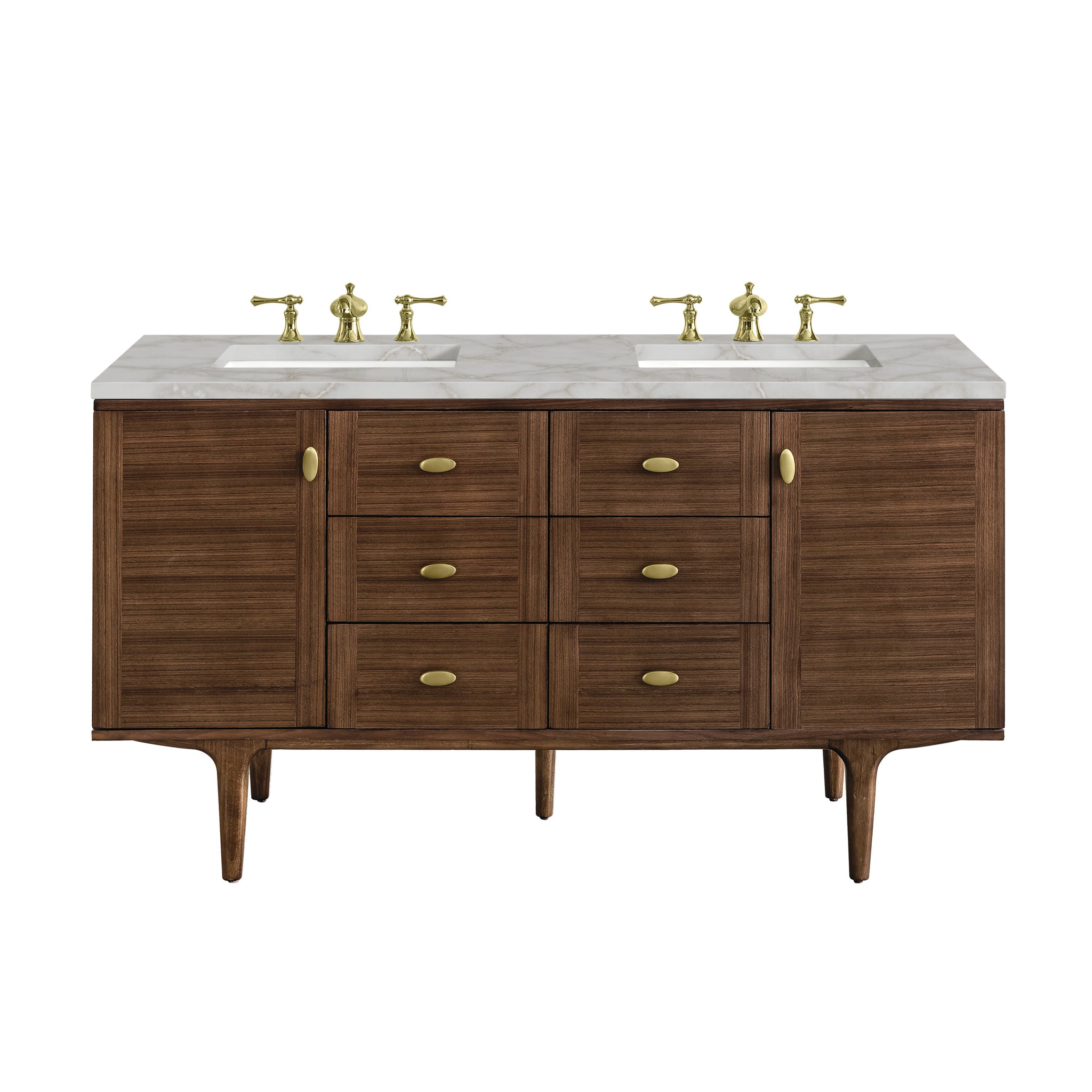 James Martin Amberly 60" Dual Mount Double Bathroom Vanity, Mid-Century Walnut with Victorian Silver (FreePower) countertop