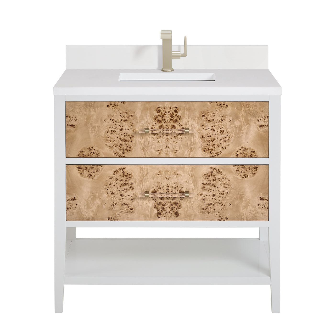 James Martin Olena 36" Single Bathroom Vanity, Polished White and Light Mappa Burl with White Zeus (Single Hole, with Backsplash) countertop