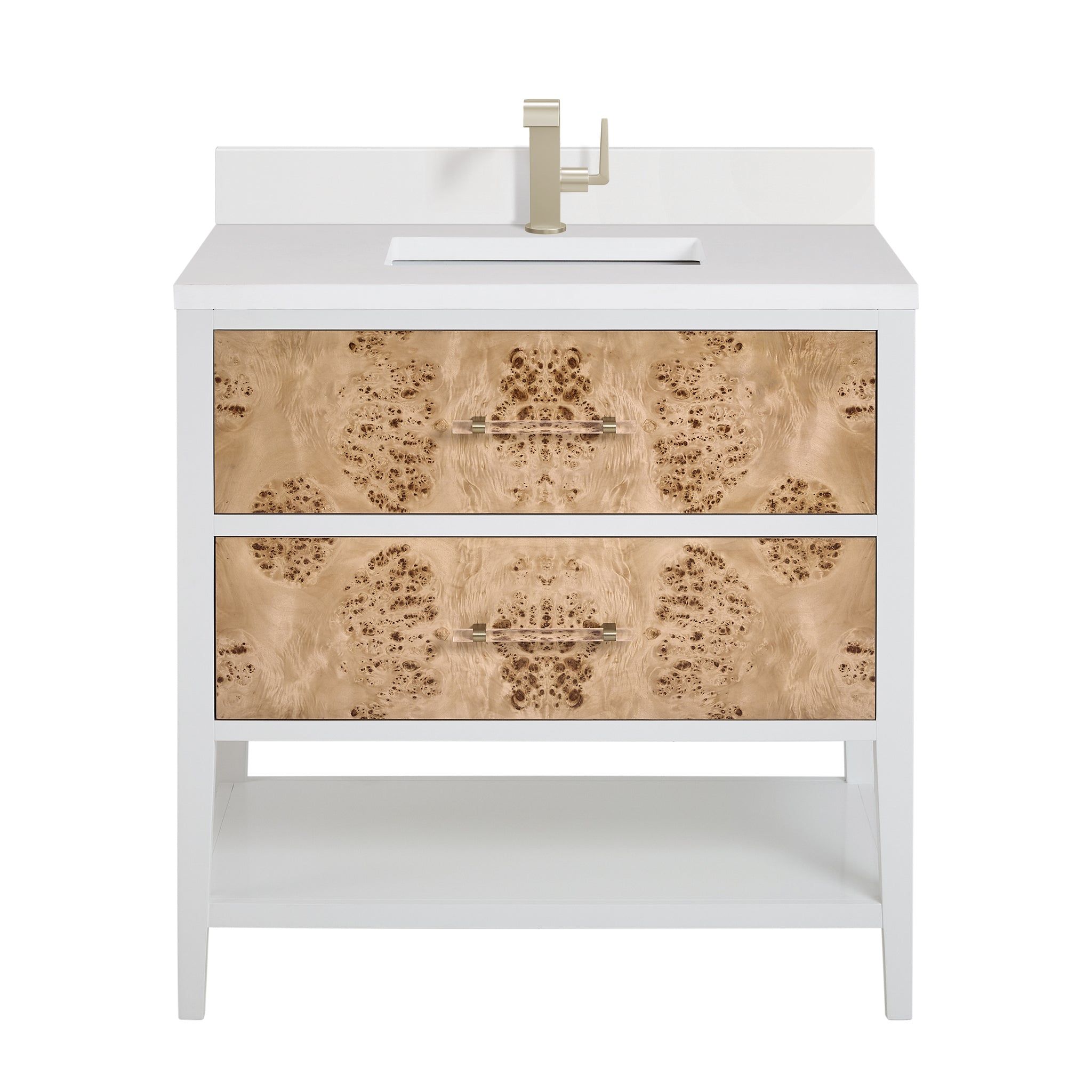 James Martin Olena 36" Single Bathroom Vanity, Polished White and Light Mappa Burl with White Zeus (Single Hole, with Backsplash) countertop