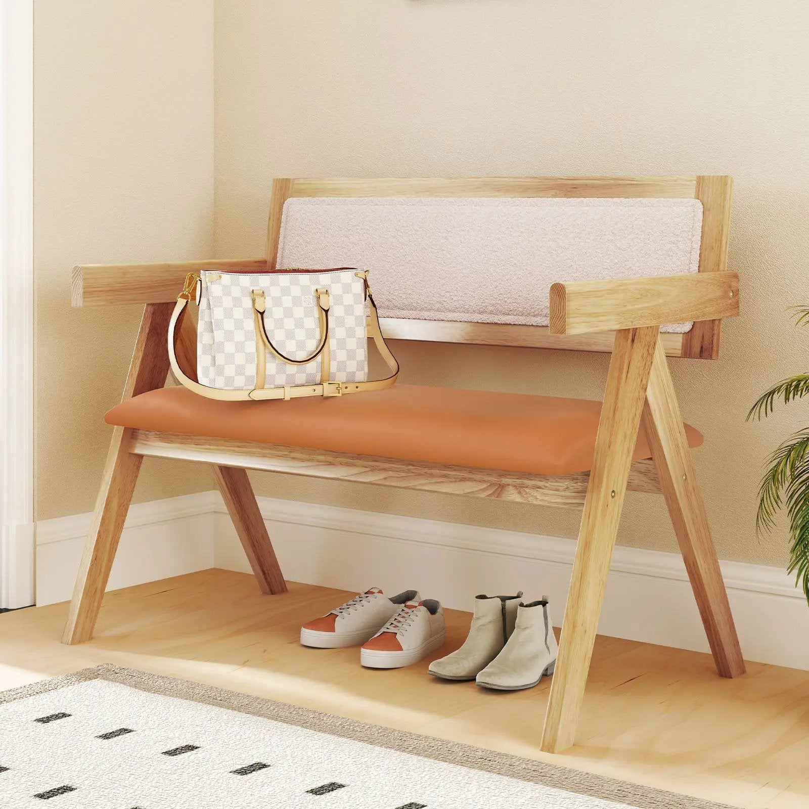 Rubber Wood Dining Bench with Armrest Sherpa Upholstered Backrest and Soft-padded Seat-Natural by DirectDeals