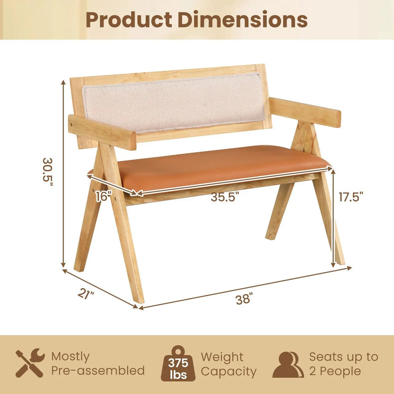 Rubber Wood Dining Bench with Armrest Sherpa Upholstered Backrest and Soft-padded Seat-Natural by DirectDeals