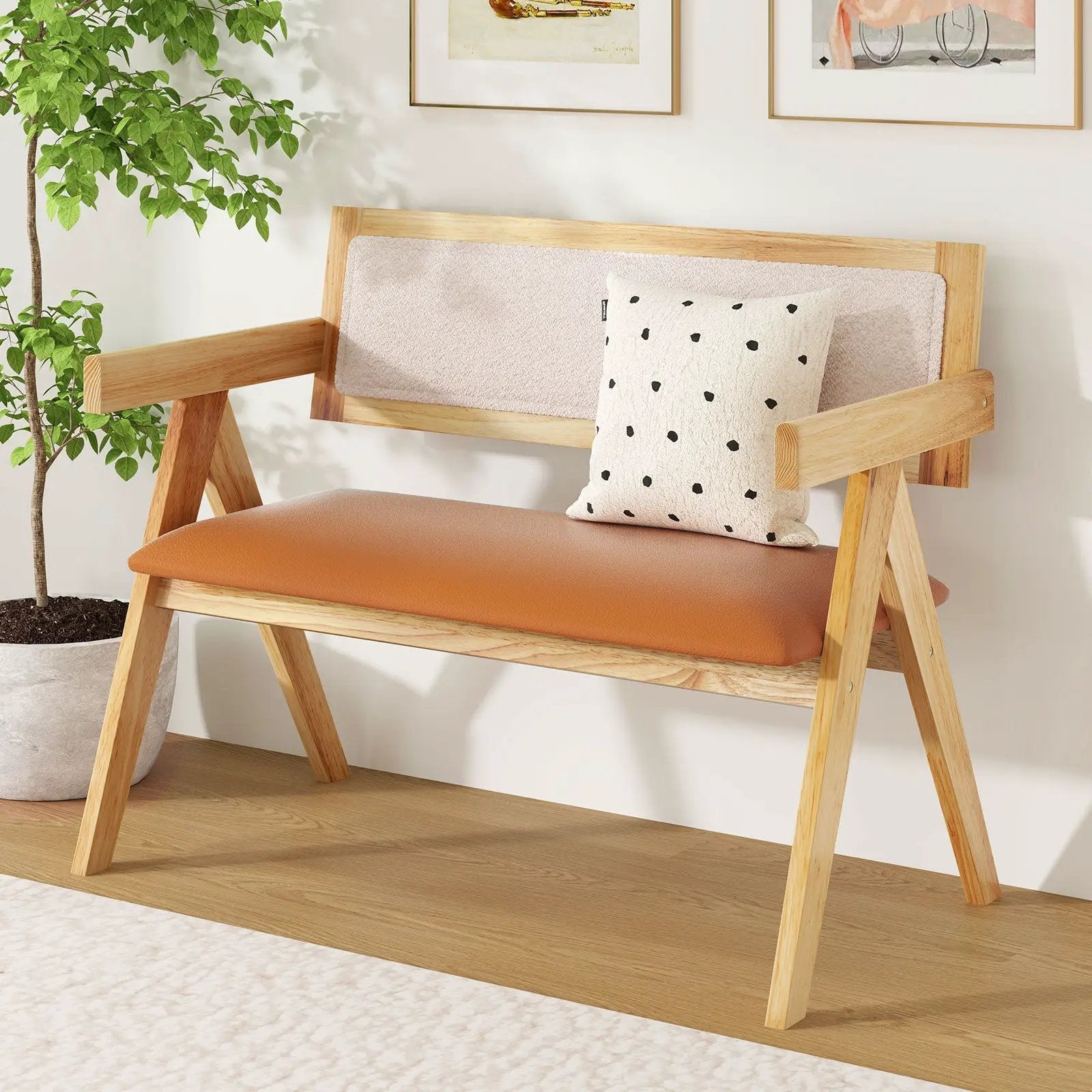 Rubber Wood Dining Bench with Armrest Sherpa Upholstered Backrest and Soft-padded Seat-Natural by DirectDeals