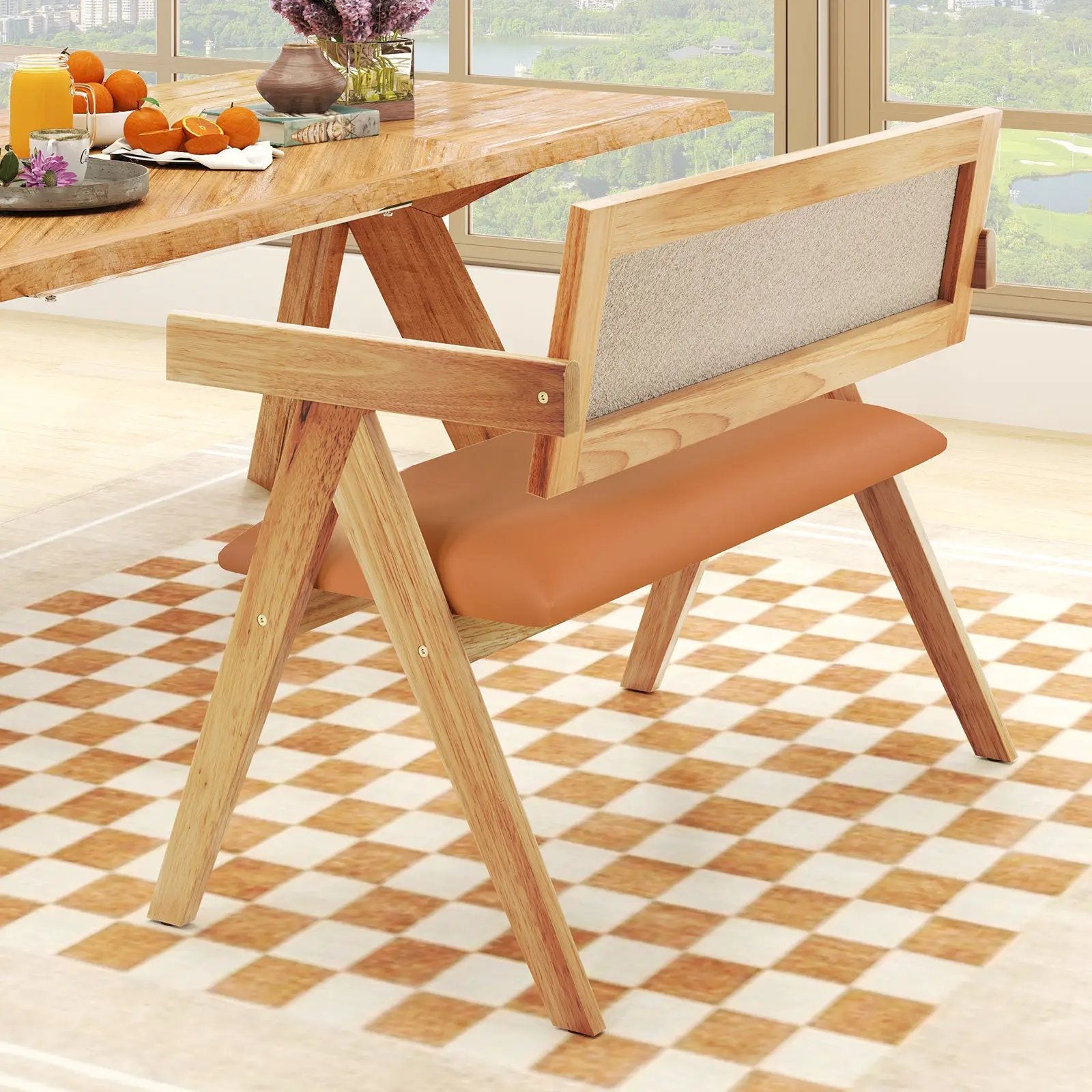 Rubber Wood Dining Bench with Armrest Sherpa Upholstered Backrest and Soft-padded Seat-Natural by DirectDeals