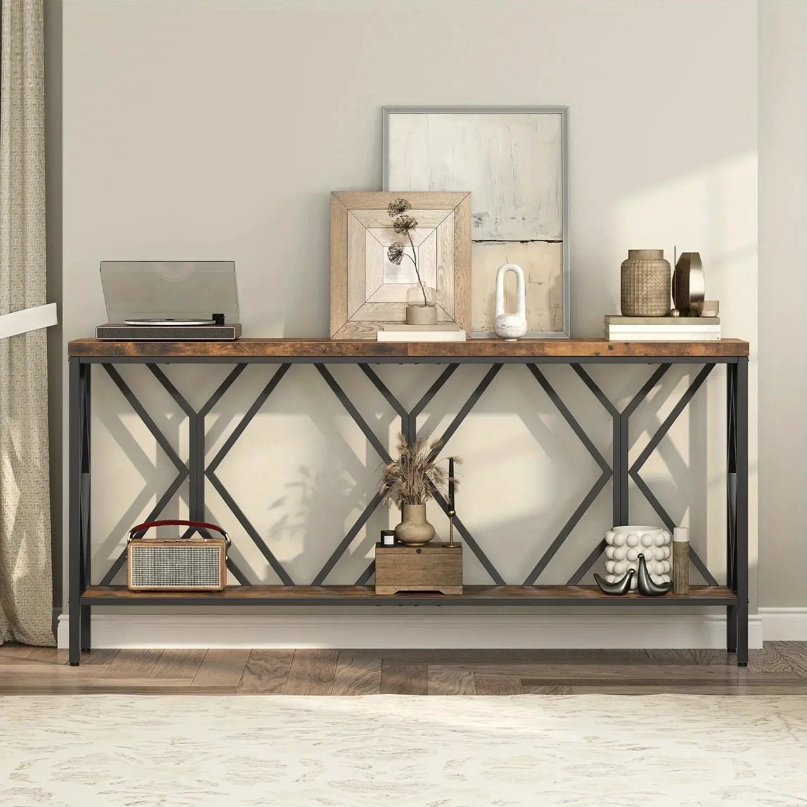 Rustic Brown And Black 70.9'' Extra Long Console Table, Industrial Sofa Table Behind Couch, 2 Tier Narrow Entryway Table with Storage Shelf, for Living Room by House Of Avana