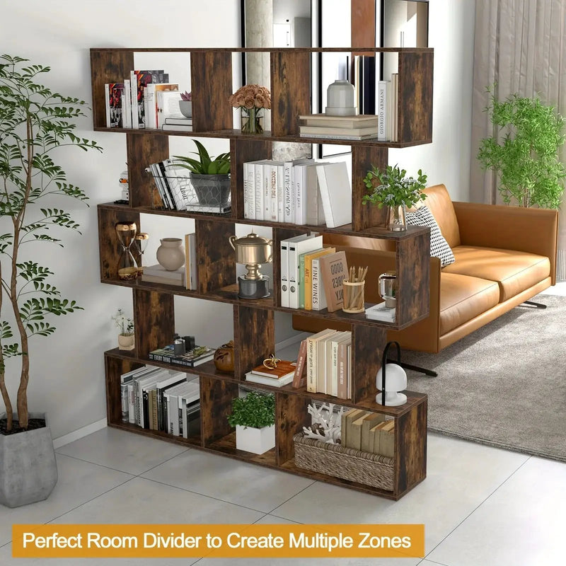 Rustic Wood 5-Tier Geometric Bookcase, 62.5" Tall Shelving Unit by House Of Avana