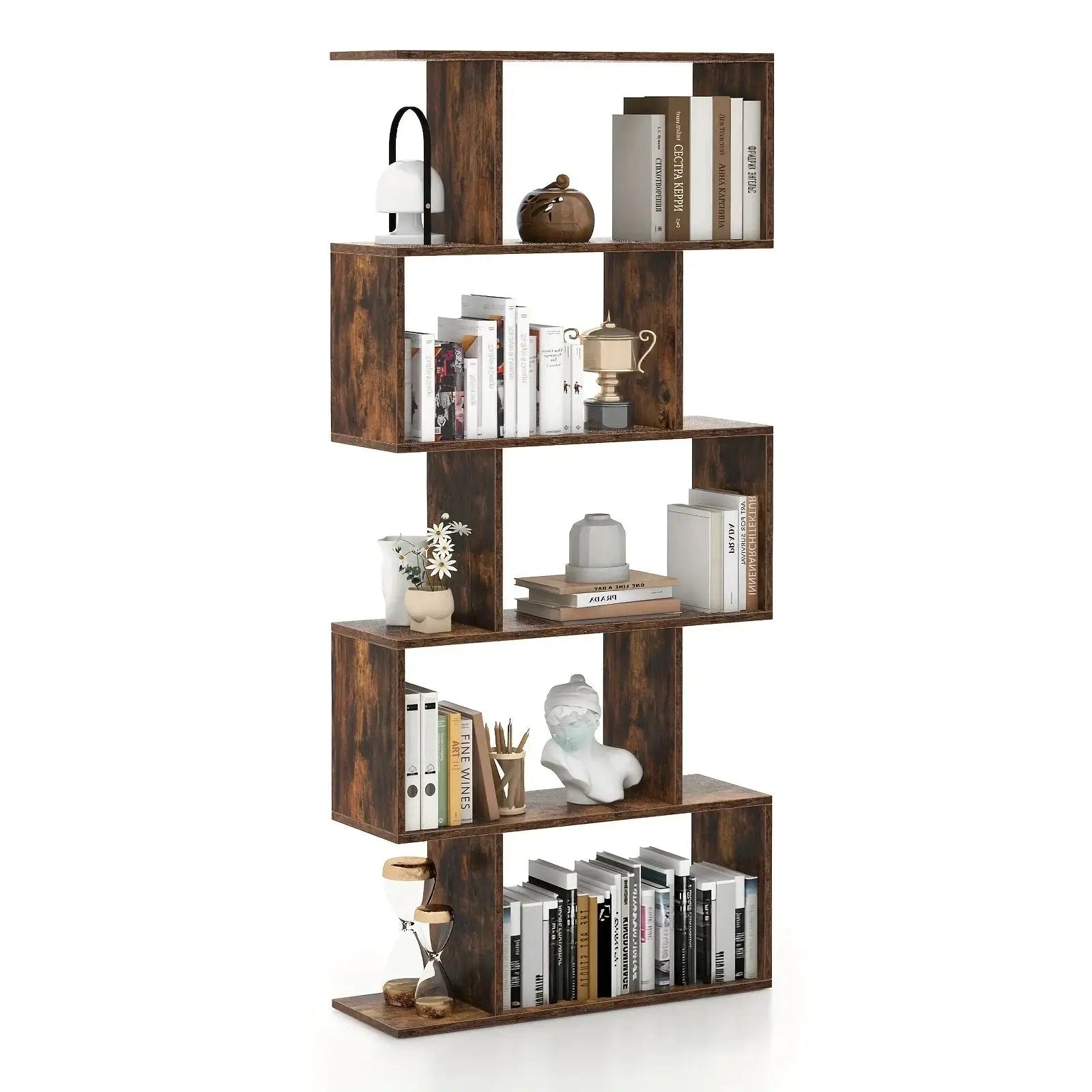 Rustic Wood 5-Tier Geometric Bookcase, 62.5" Tall Shelving Unit by House Of Avana