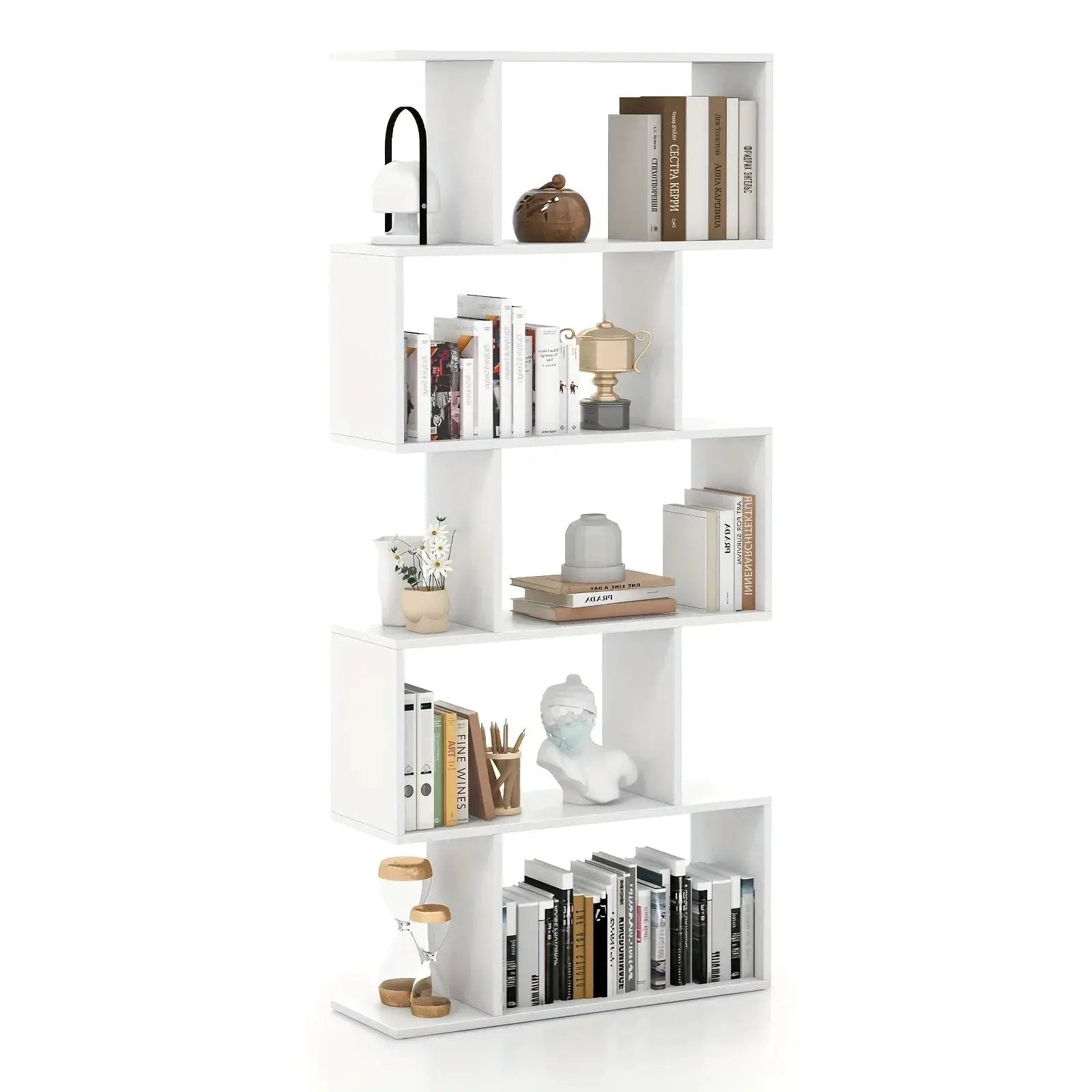 Rustic Wood 5-Tier Geometric Bookcase, 62.5" Tall Shelving Unit by House Of Avana