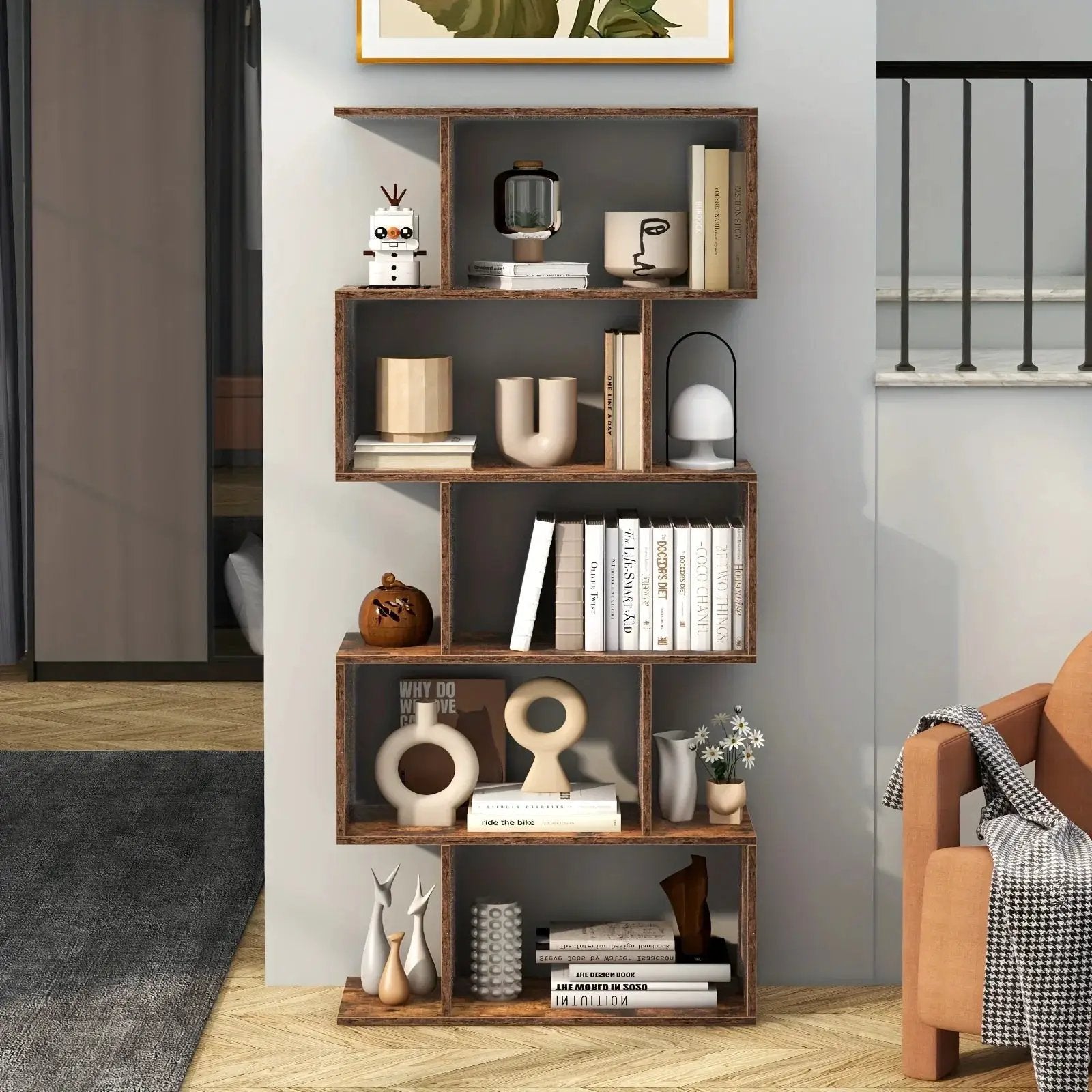 Rustic Wood 5-Tier Geometric Bookcase, 62.5" Tall Shelving Unit by House Of Avana