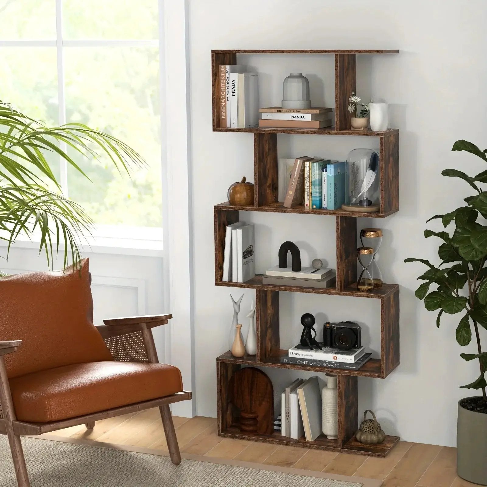 Rustic Wood 5-Tier Geometric Bookcase, 62.5" Tall Shelving Unit by House Of Avana