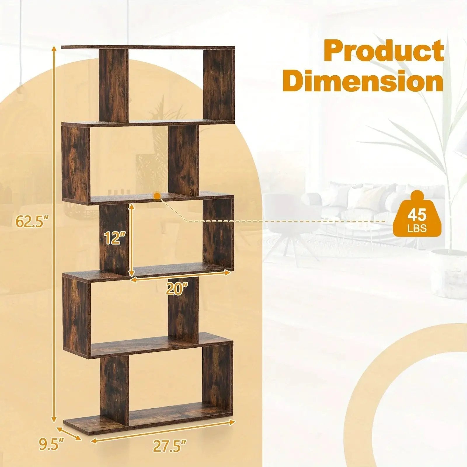 Rustic Wood 5-Tier Geometric Bookcase, 62.5" Tall Shelving Unit by House Of Avana