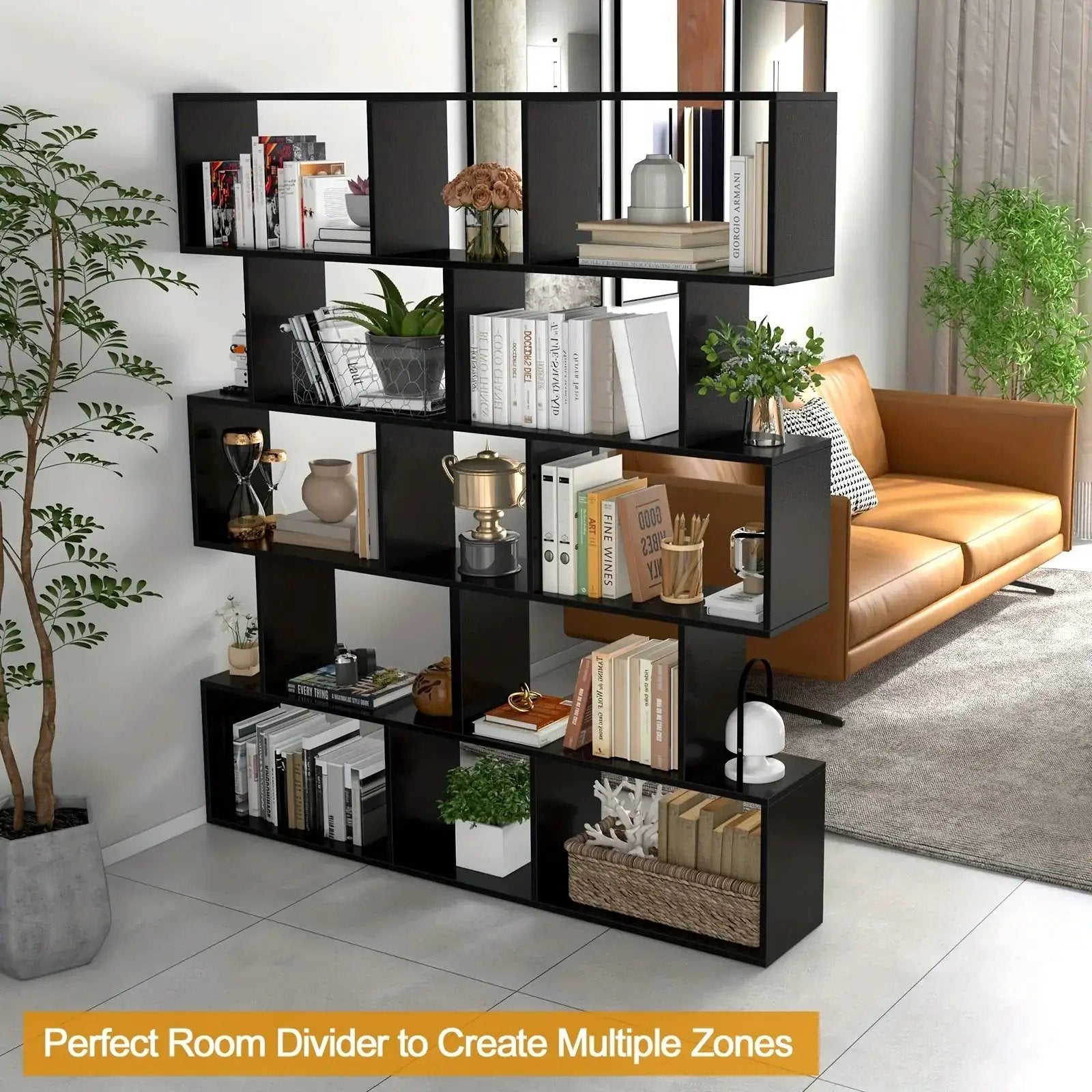 Rustic Wood 5-Tier Geometric Bookcase, 62.5" Tall Shelving Unit by House Of Avana