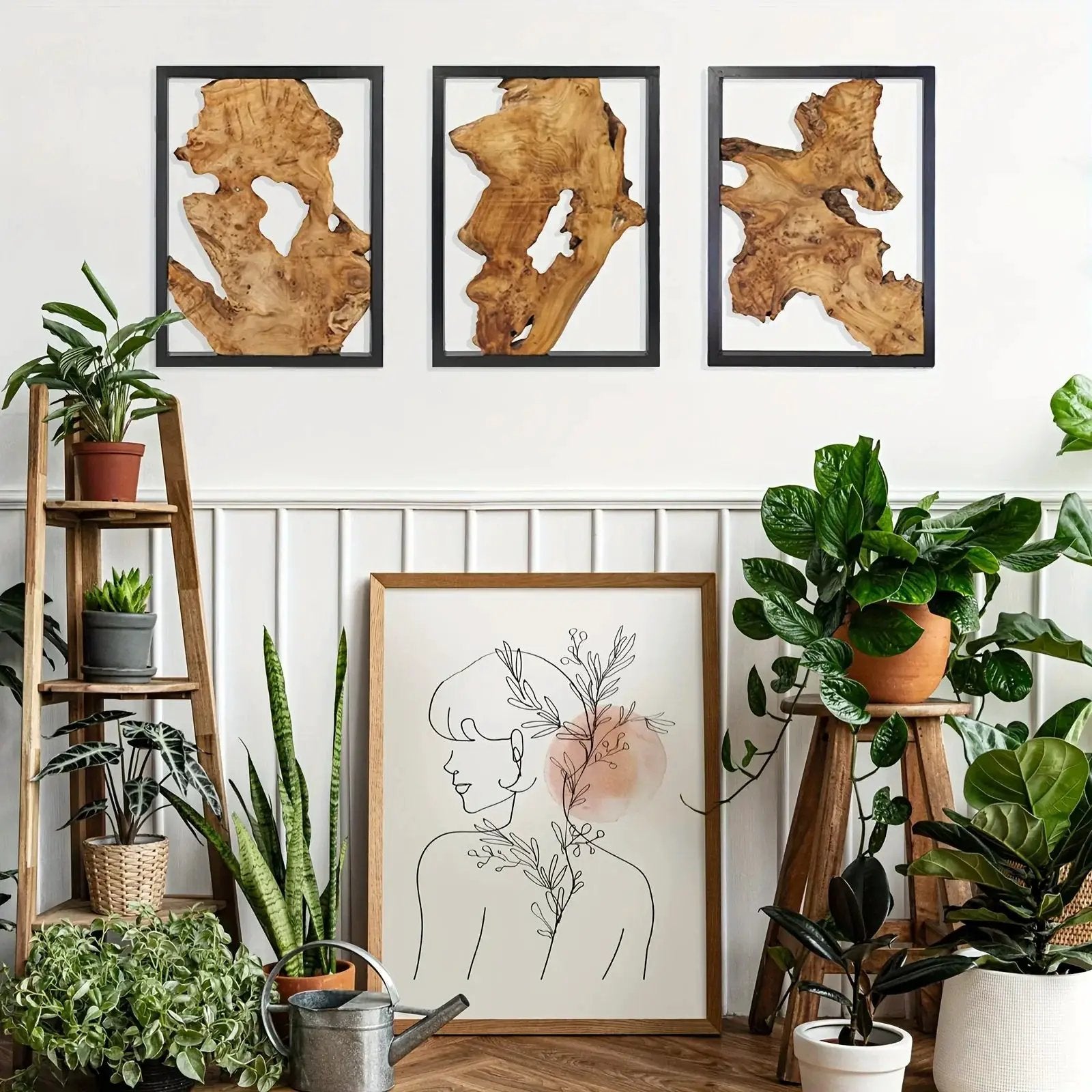 Rustic Wood Wall Art, 3 Panel Metal Frame, 12x16 Inch Natural Wood Decor by House Of Avana