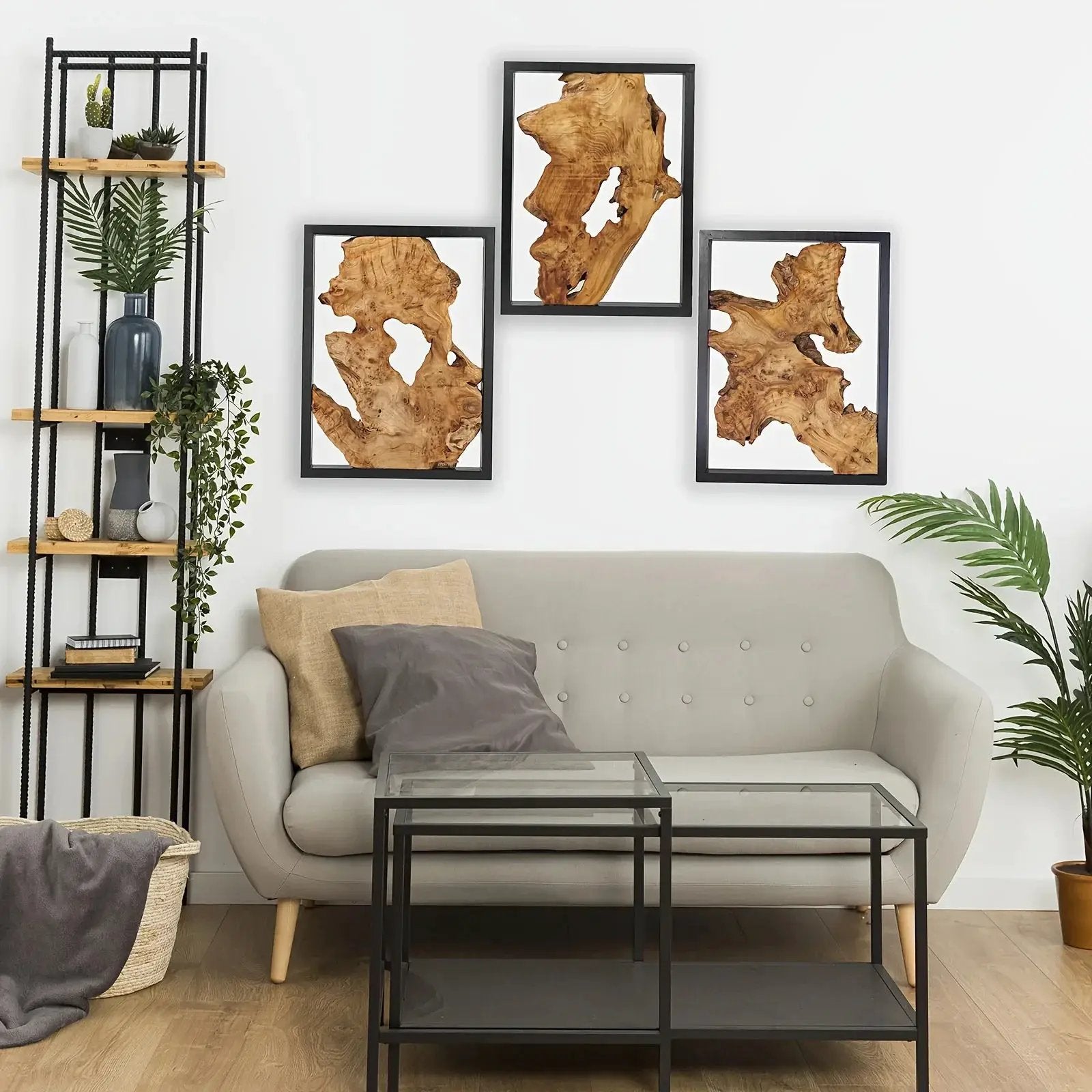 Rustic Wood Wall Art, 3 Panel Metal Frame, 12x16 Inch Natural Wood Decor by House Of Avana