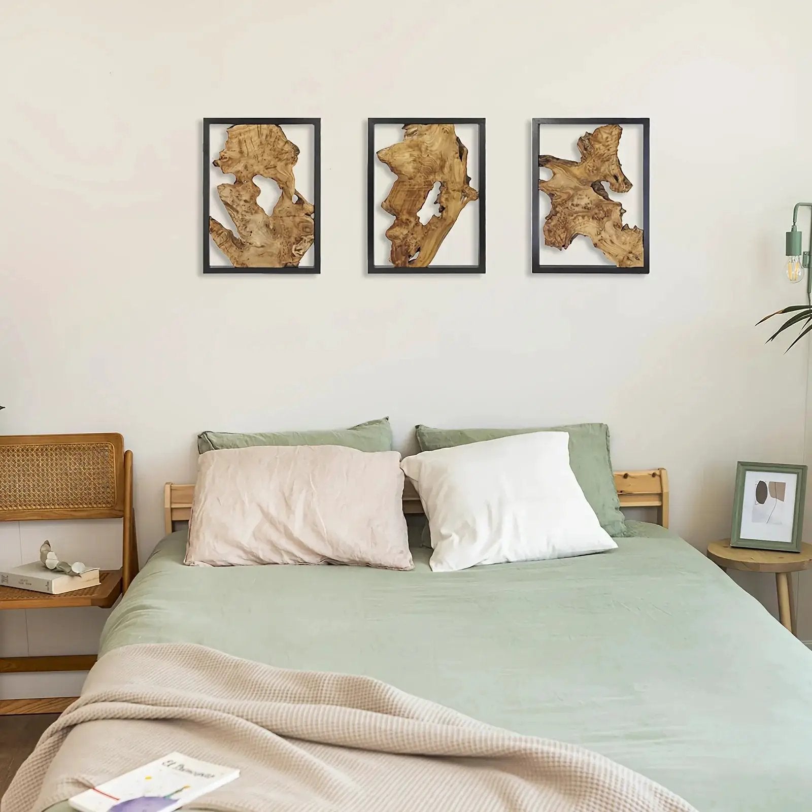 Rustic Wood Wall Art, 3 Panel Metal Frame, 12x16 Inch Natural Wood Decor by House Of Avana