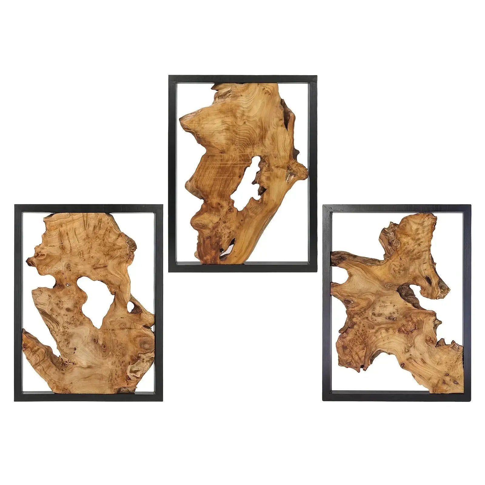 Rustic Wood Wall Art, 3 Panel Metal Frame, 12x16 Inch Natural Wood Decor by House Of Avana
