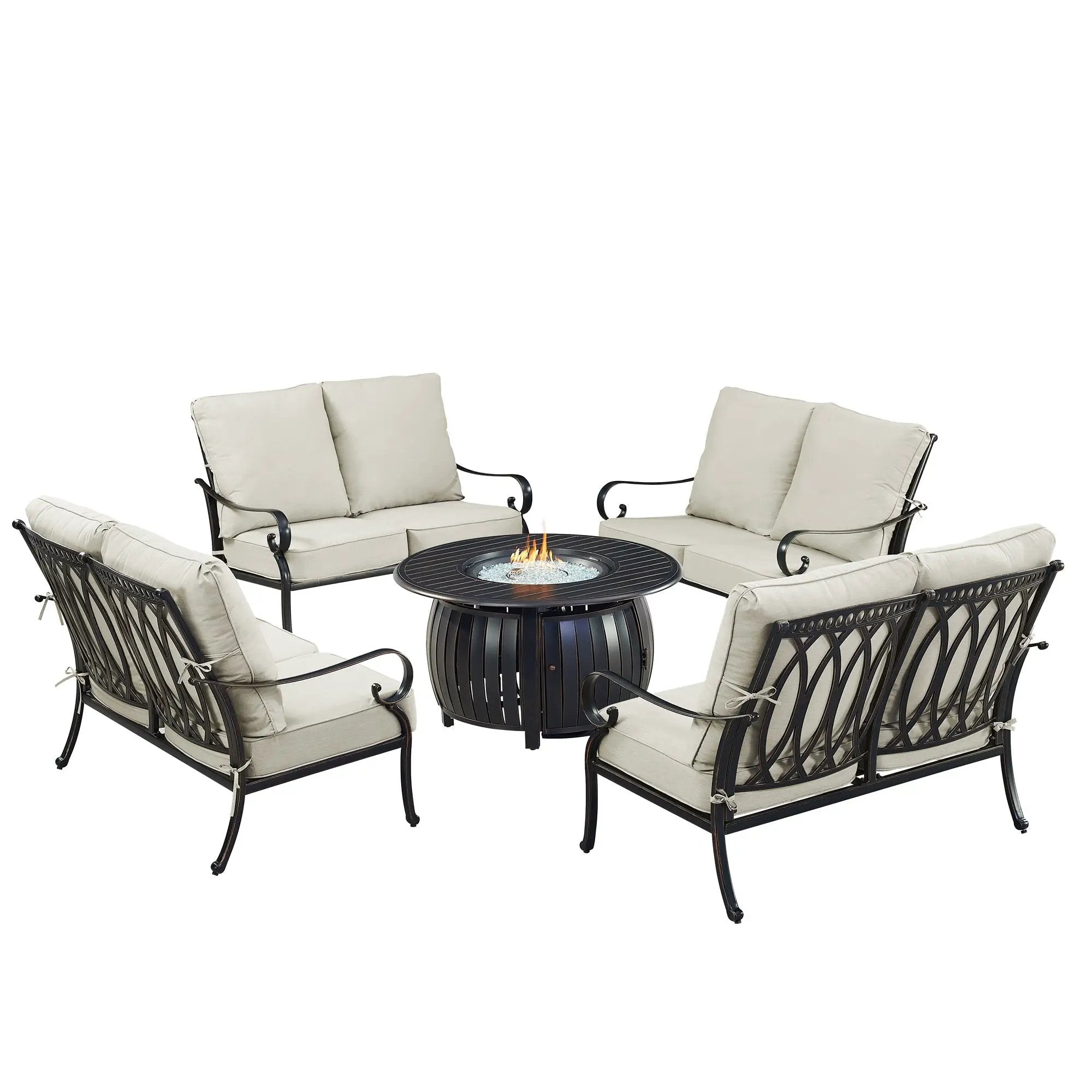 Black Aluminum Fire Table Set with Four Deep Seating Loveseats by Sharicks