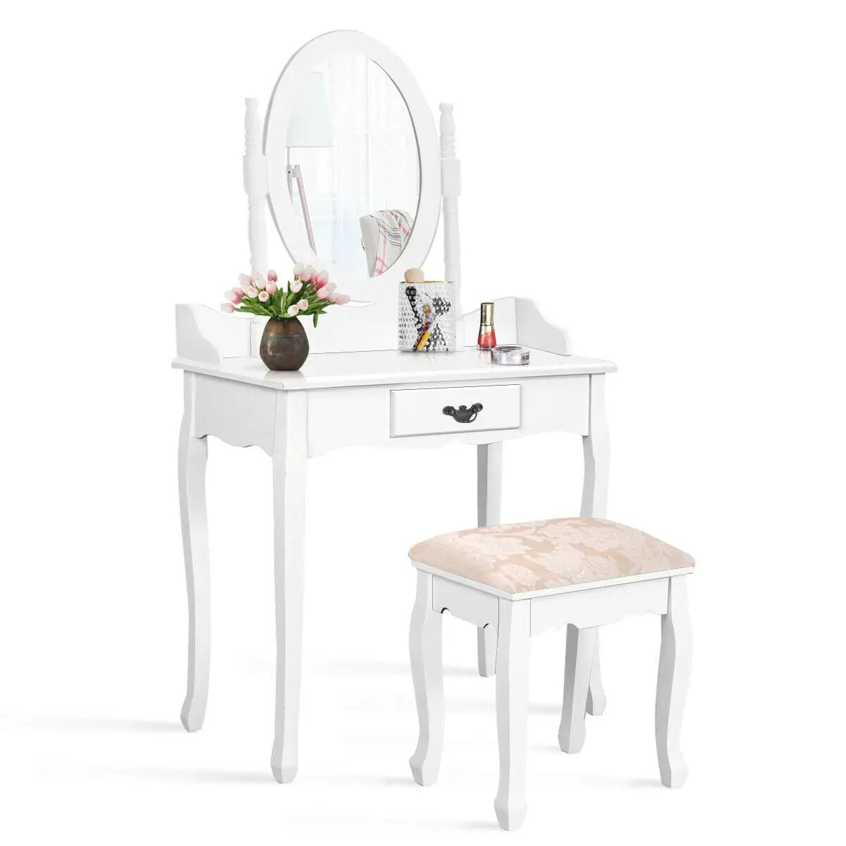 Wooden Vanity Makeup Set with Cushioned Stool and Oval Rotating Mirror by DirectDeals