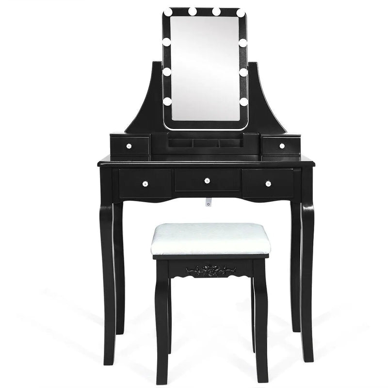 10 Dimmable Light Bulbs Vanity Dressing Table with 2 Dividers and Cushioned Stool by DirectDeals