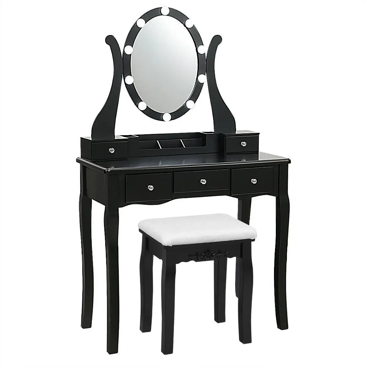 10 Dimmable Lights Vanity Table Set with Lighted Mirror and Cushioned Stool by DirectDeals