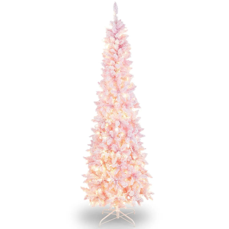 7 Feet Pre-Lit Snow Flocked Hinged Pencil Christmas Tree with 300 Lights and 8 Modes by DirectDeals