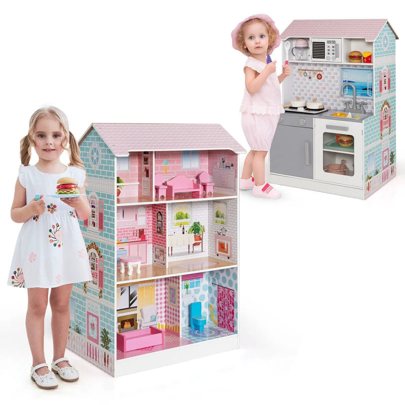 2-In-1 Double Sided Kids Kitchen Playset and Dollhouse with Furniture by DirectDeals